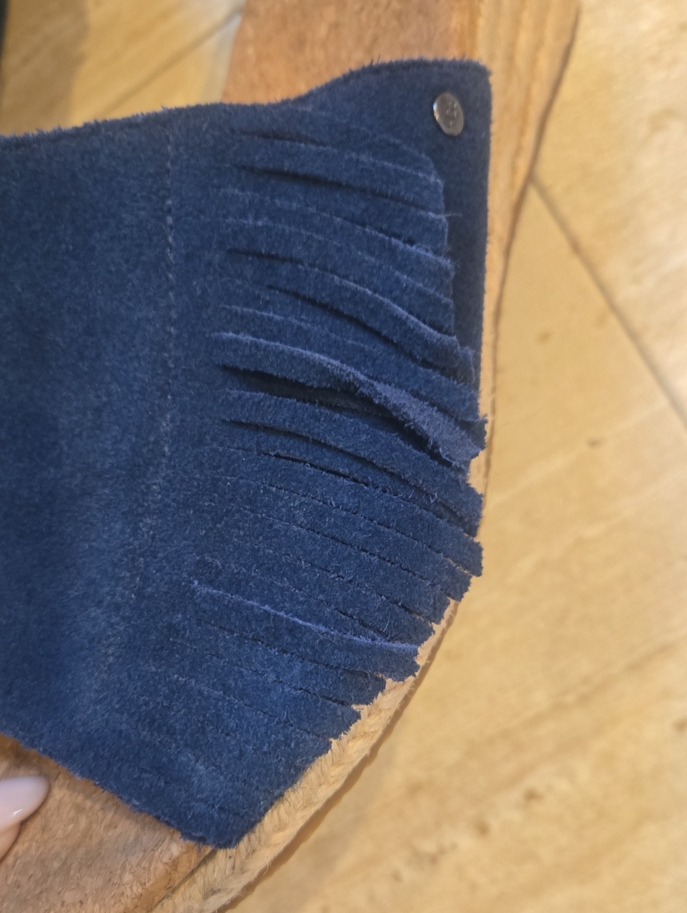 UGG Danes Navy Blue Leather Suede Fringe Wedge Espadrille Sandals - Picture 2 of 14
